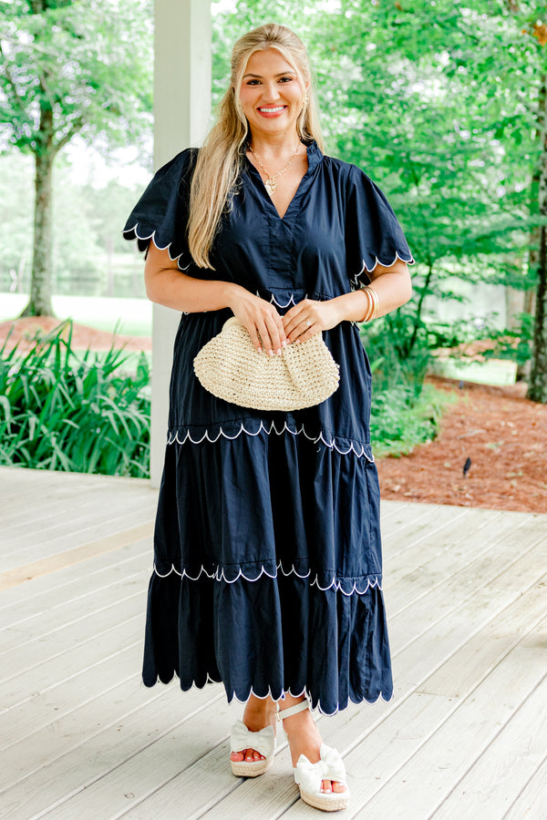 Chic Soul plus size clothing, navy blue v-neck short sleeve tiered midi dress with white trimmed scalloped detailing on sleeves and each tier