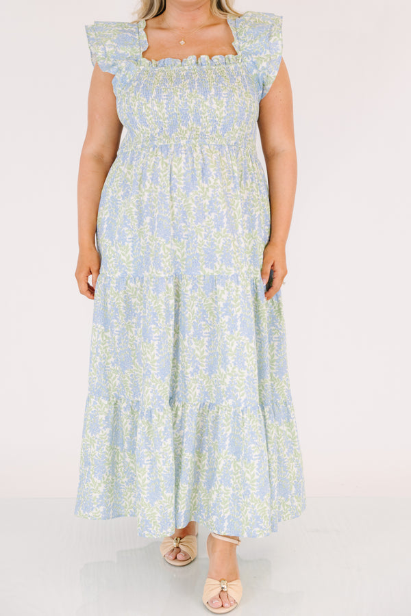 Chic Soul plus size clothing, light blue and green floral print square neck ruffle cap sleeve tiered maxi dress with rouching on the chest