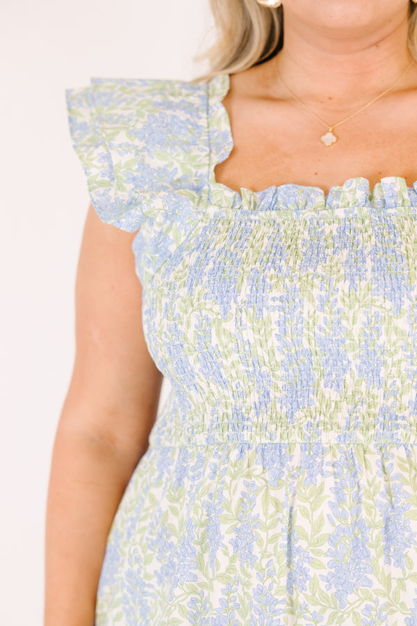 Chic Soul plus size clothing, light blue and green floral print square neck ruffle cap sleeve tiered maxi dress with rouching on the chest