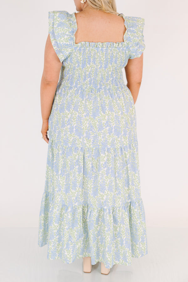 Chic Soul plus size clothing, light blue and green floral print square neck ruffle cap sleeve tiered maxi dress with rouching on the chest