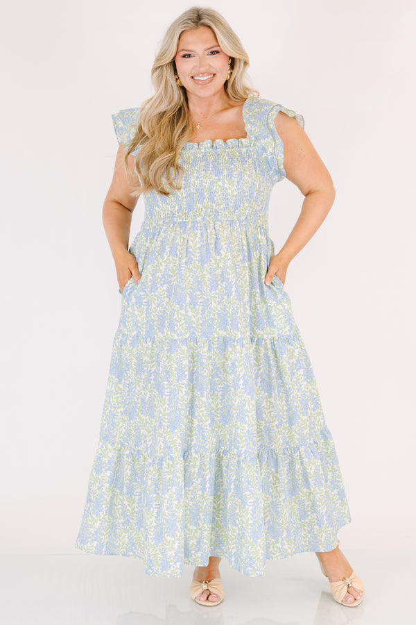 Chic Soul plus size clothing, light blue and green floral print square neck ruffle cap sleeve tiered maxi dress with rouching on the chest