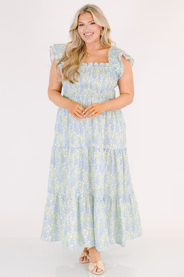 Chic Soul plus size clothing, light blue and green floral print square neck ruffle cap sleeve tiered maxi dress with rouching on the chest