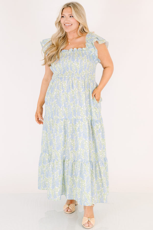 Chic Soul plus size clothing, light blue and green floral print square neck ruffle cap sleeve tiered maxi dress with rouching on the chest