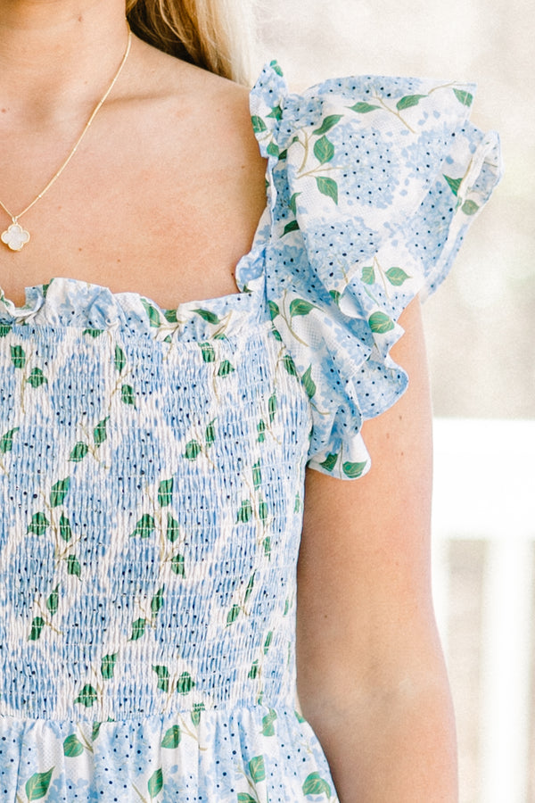 Chic Soul plus size clothing, ruffled-strap blue ruffled maxi dress with a smocked bodice and a blue hydrangea floral pattern  