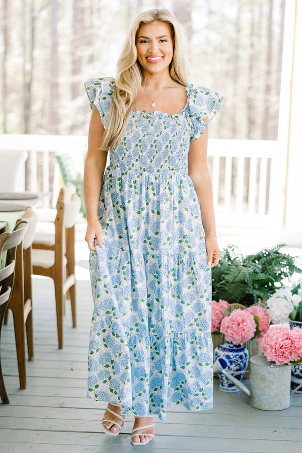 Chic Soul plus size clothing, ruffled-strap blue ruffled maxi dress with a smocked bodice and a blue hydrangea floral pattern  