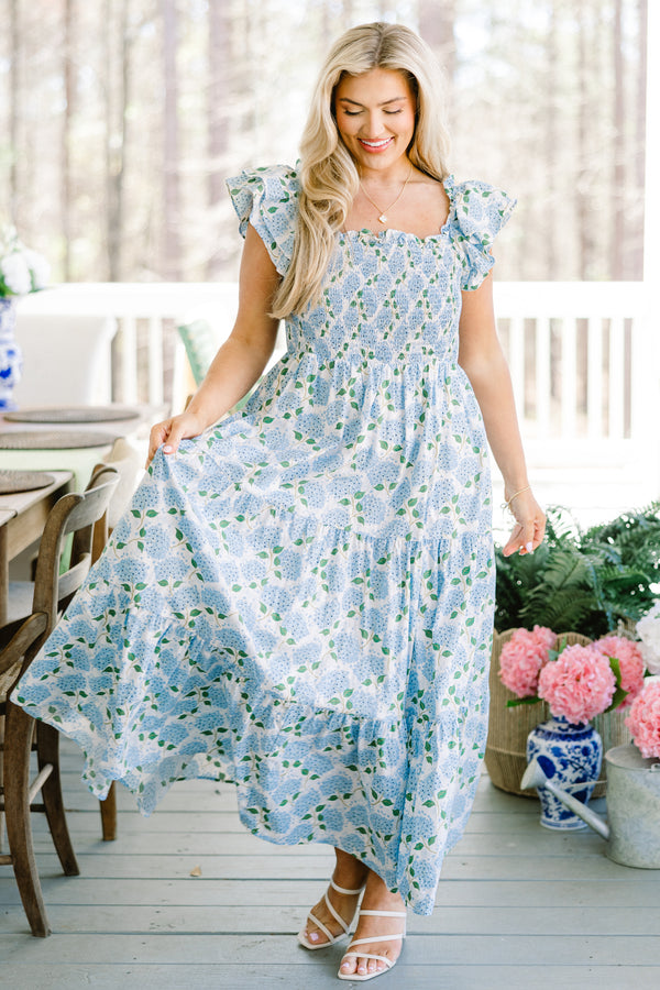 Chic Soul plus size clothing, ruffled-strap blue ruffled maxi dress with a smocked bodice and a blue hydrangea floral pattern  