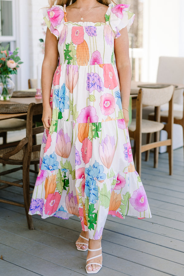 Chic Soul plus size clothing, white and multi colored big floral maxi dress with stretchy bodice