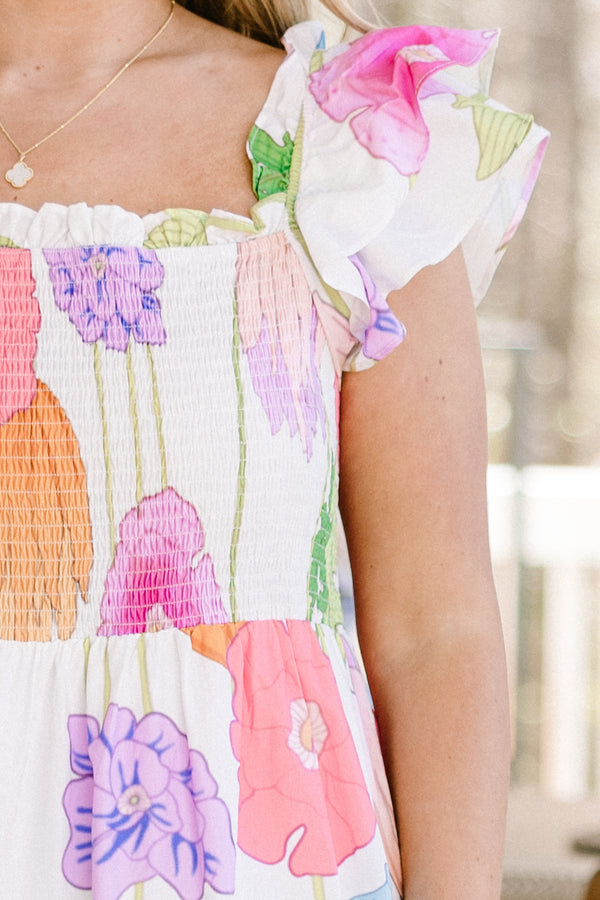 Chic Soul plus size clothing, white and multi colored big floral maxi dress with stretchy bodice
