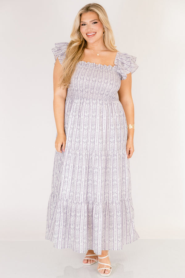 Chic soul plus size clothing, purple floral print square neck maxi dress with ruffle straps