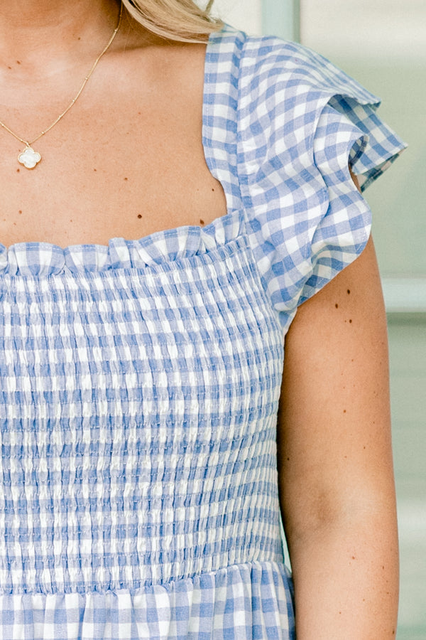 Chic Soul plus size clothing, baby blue gingham flutter sleeve tiered flowy maxi dress with ruched bodice