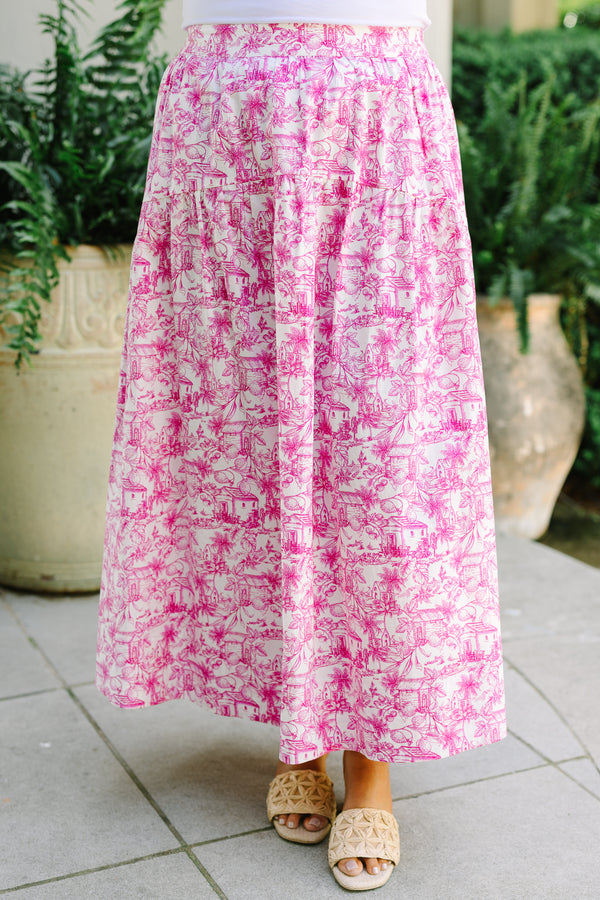 Plus Size pink and white toile print maxi skirt with a tiered design and a high-waisted fit.
