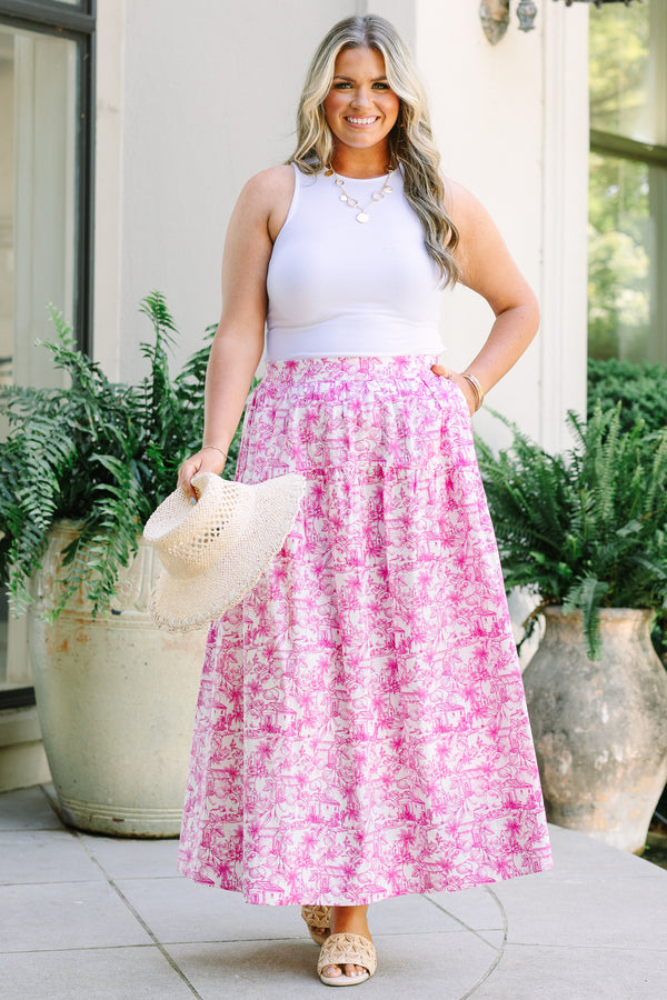 Plus Size pink and white toile print maxi skirt with a tiered design and a high-waisted fit.