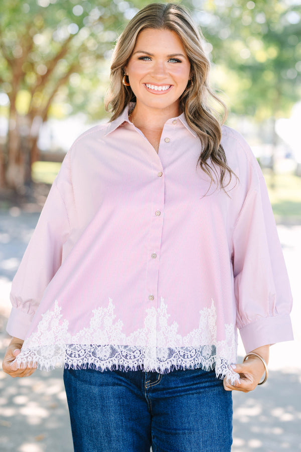 Plus Size rust stripe button-down top with long puff sleeves and a white lace hem.