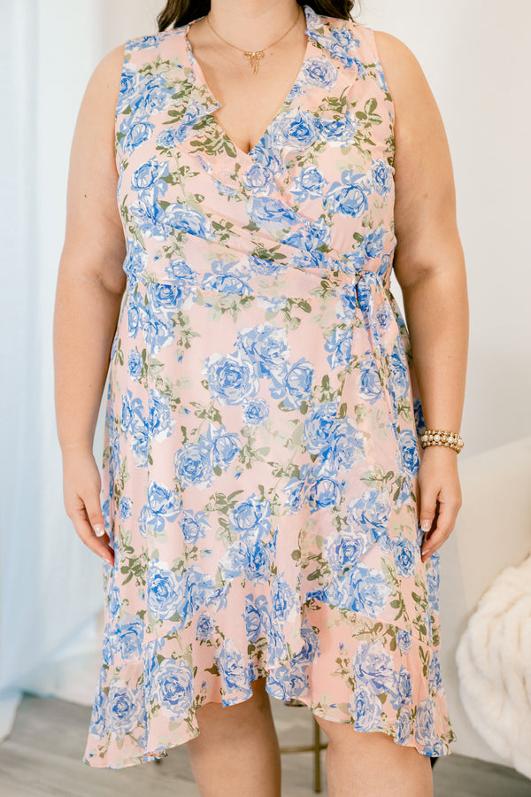 Chic Soul plus size clothing, blush midi dress with light blue floral print with v neck and sleeveless