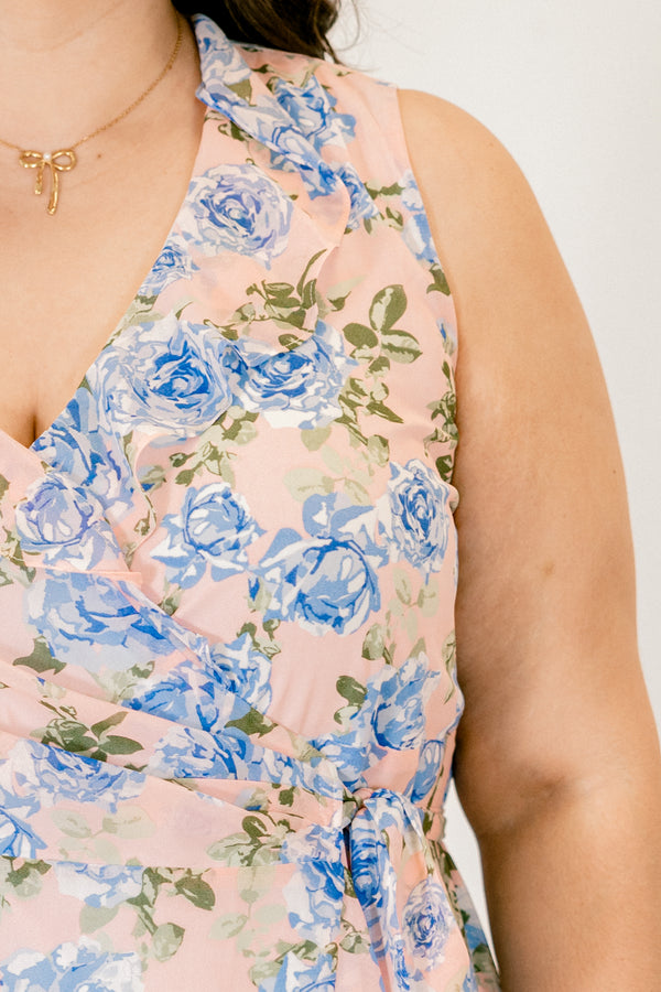 Chic Soul plus size clothing, blush midi dress with light blue floral print with v neck and sleeveless