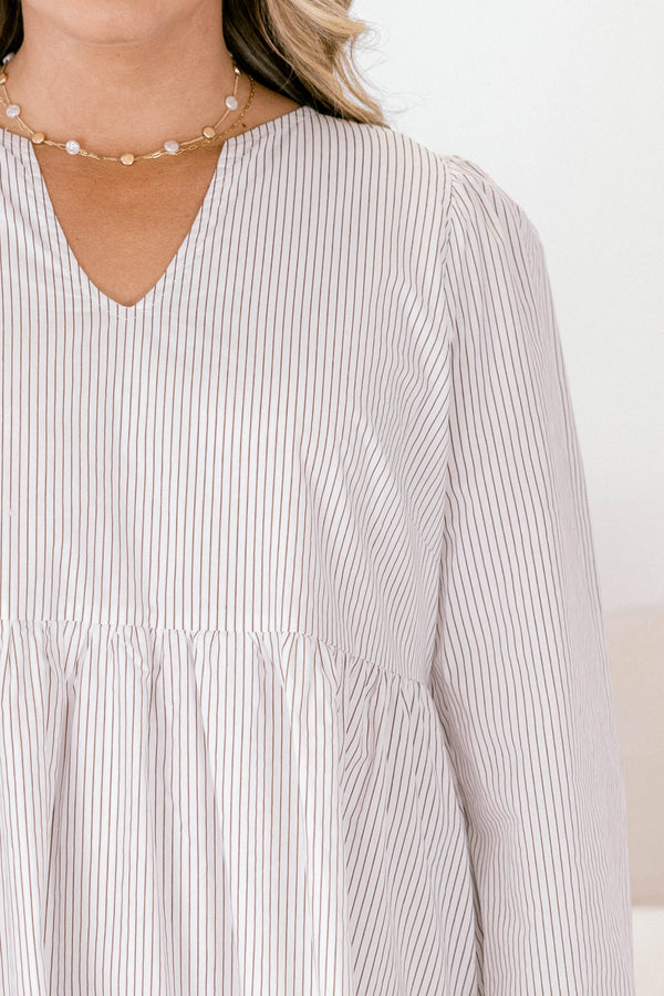 Chic Soul plus size clothing, brown and white thin pin stripe long wide sleeve short baby doll dress with v neck cutout