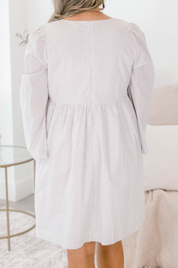 Chic Soul plus size clothing, brown and white thin pin stripe long wide sleeve short baby doll dress with v neck cutout