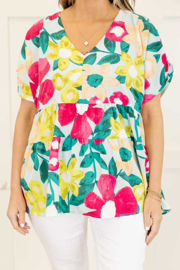 Chic Soul plus size clothing , blue babydoll V-neck top with floral pattern and short sleeves 