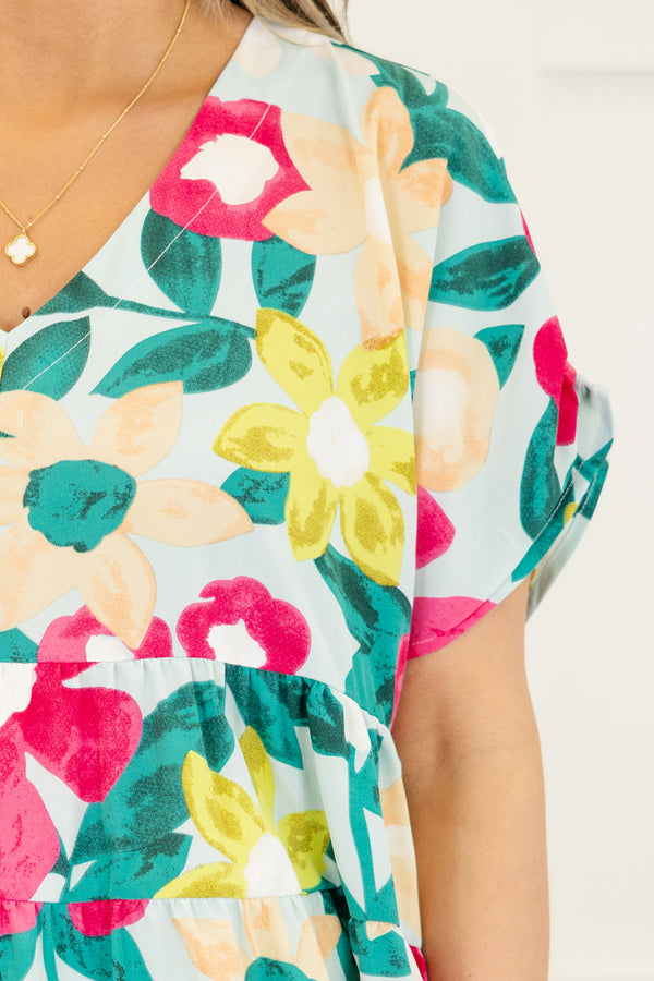 Chic Soul plus size clothing , blue babydoll V-neck top with floral pattern and short sleeves 