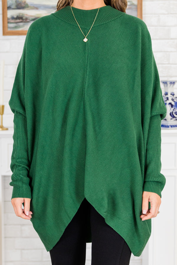 Chic Soul plus size clothing, green long sleeve knit sweater tunic with ribbed neckline with ribbed cuff sleeves and v cutout along bottom