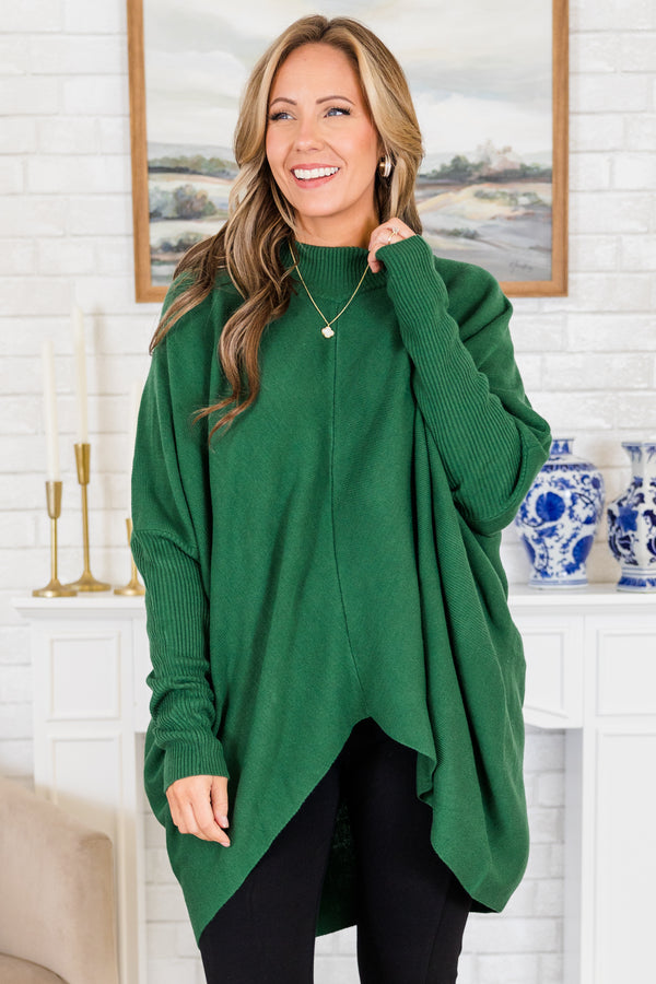 Chic Soul plus size clothing, green long sleeve knit sweater tunic with ribbed neckline with ribbed cuff sleeves and v cutout along bottom