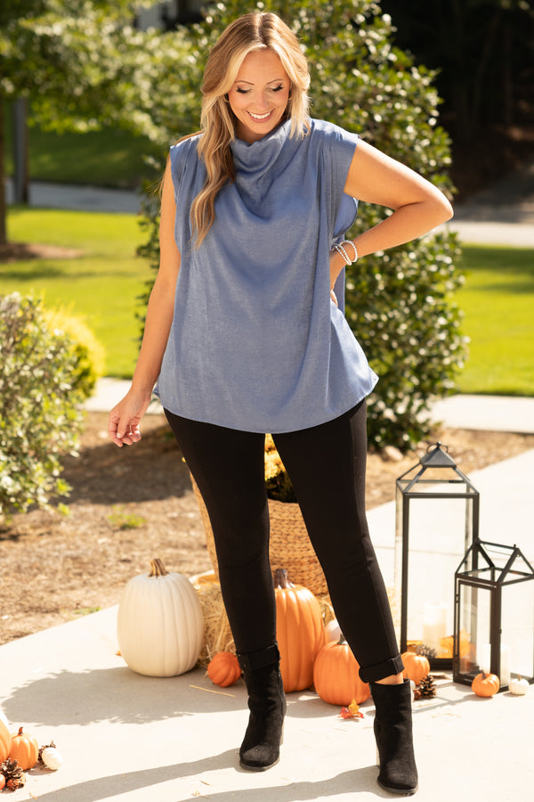 Chic Soul plus size clothing, midnight blue colored blouse with mock neck