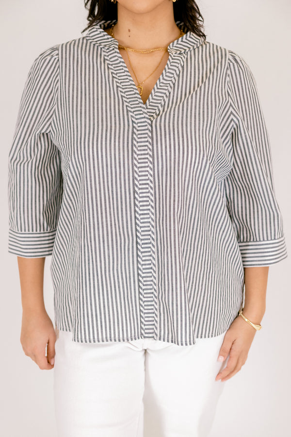 Chic Soul plus size clothing, gray and white vertical stripe button up collared long sleeve top