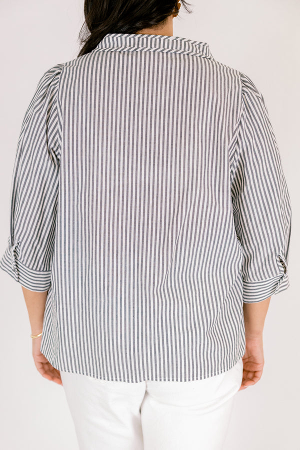 Chic Soul plus size clothing, gray and white vertical stripe button up collared long sleeve top
