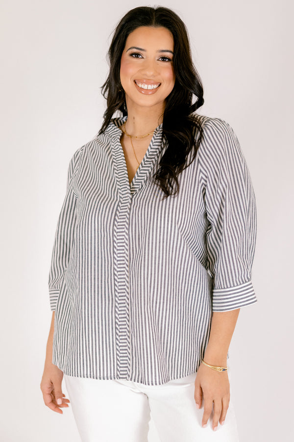 Chic Soul plus size clothing, gray and white vertical stripe button up collared long sleeve top