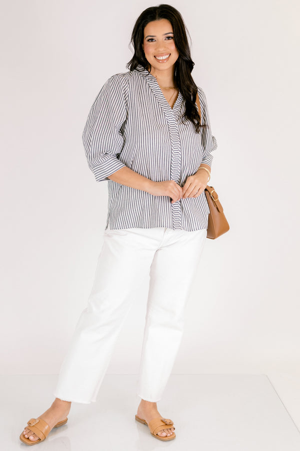 Chic Soul plus size clothing, gray and white vertical stripe button up collared long sleeve top