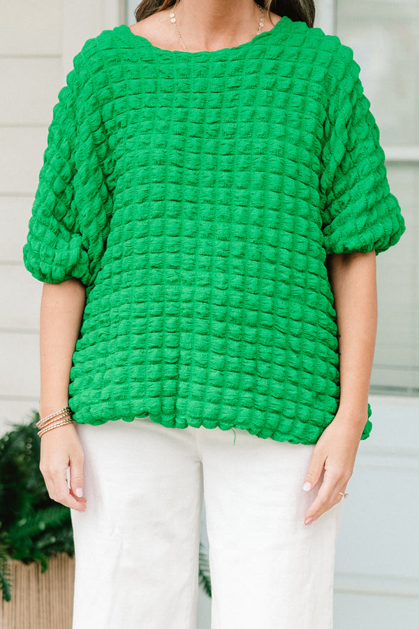 Chic Soul plus size clothing, green short sleeve top with puff waffleknit texture