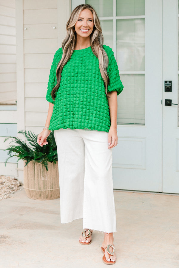 Chic Soul plus size clothing, green short sleeve top with puff waffleknit texture