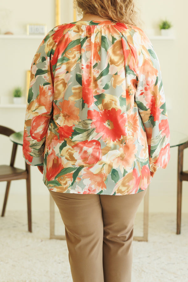 Chic Soul plus size clothing, multicolor big floral pattern flowy top with bubble sleeves and a v neck