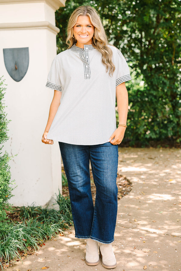 Plus size gray striped top with a flowy fit, gingham trim collar, and button-down neckline.