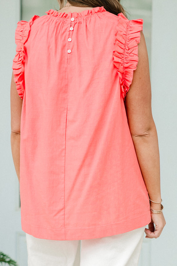 Chic Soul plus size clothing, coral pink flutter sleeve tank top with high neckline