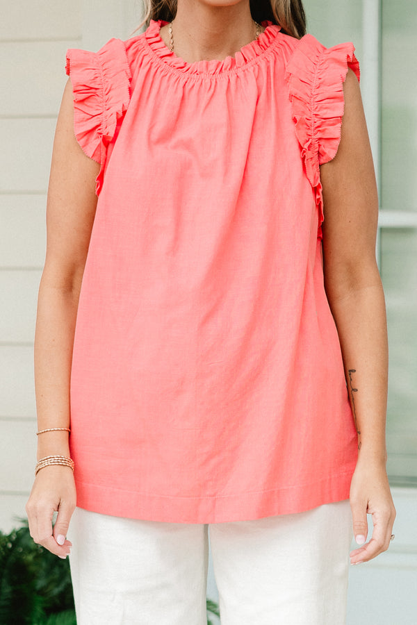 Chic Soul plus size clothing, coral pink flutter sleeve tank top with high neckline