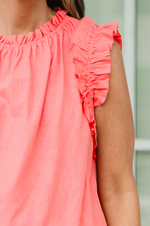 Chic Soul plus size clothing, coral pink flutter sleeve tank top with high neckline