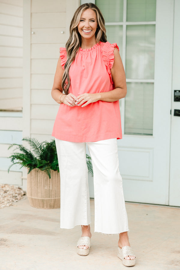 Chic Soul plus size clothing, coral pink flutter sleeve tank top with high neckline