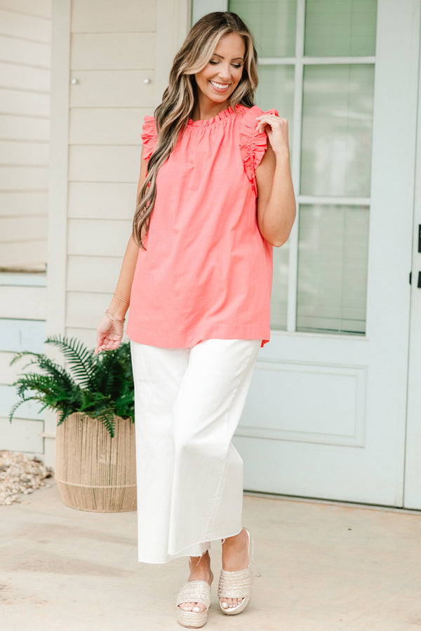 Chic Soul plus size clothing, coral pink flutter sleeve tank top with high neckline