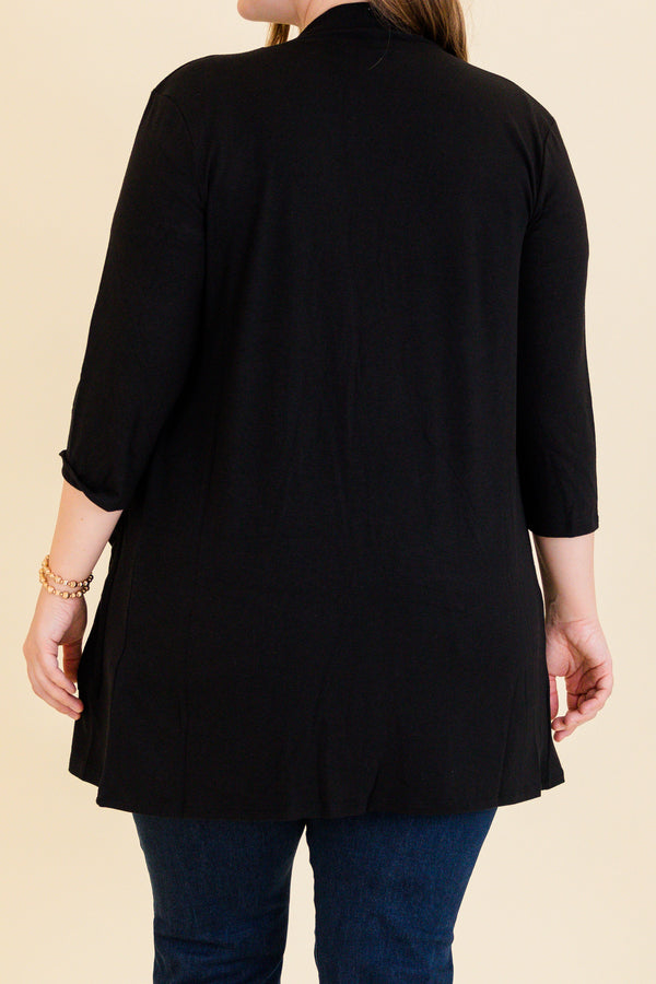 Chic Soul plus size clothing, black three quarter length sleeve cardigan with side pockets