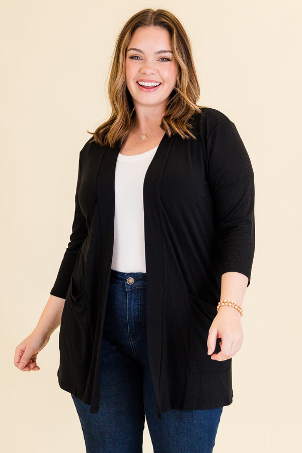 Chic Soul plus size clothing, black three quarter length sleeve cardigan with side pockets