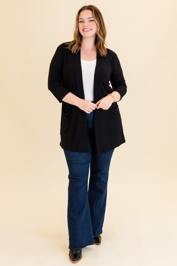 Chic Soul plus size clothing, black three quarter length sleeve cardigan with side pockets