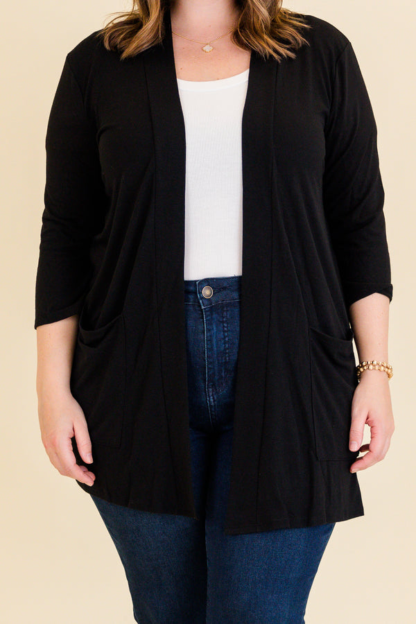 Chic Soul plus size clothing, black three quarter length sleeve cardigan with side pockets