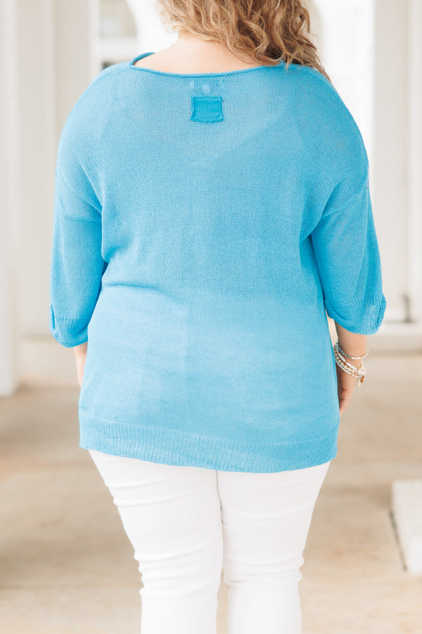 Chic Soul plus size clothing, blue knitted top with cuffed sleeves