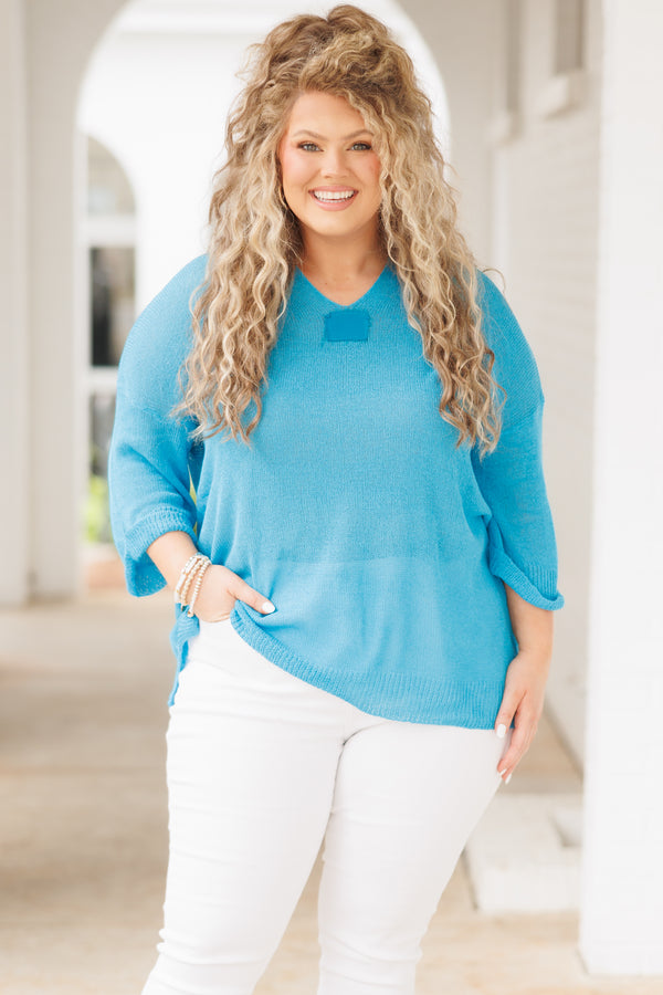 Chic Soul plus size clothing, blue knitted top with cuffed sleeves