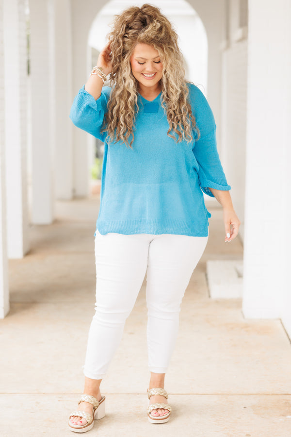 Chic Soul plus size clothing, blue knitted top with cuffed sleeves