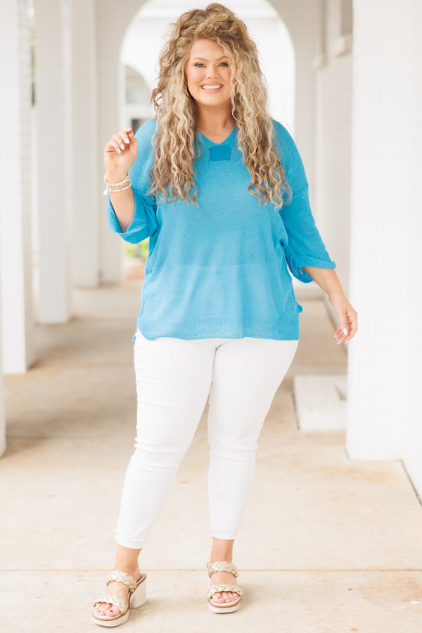 Chic Soul plus size clothing, blue knitted top with cuffed sleeves
