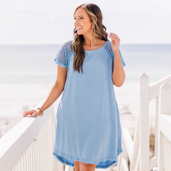 Plus Size light blue linen-blend shift dress with lace short sleeves and a frayed hemline.
