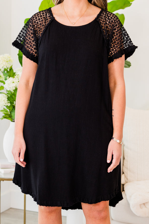 Chic Soul plus size clothing, black short sleeve mini dress with mesh sleeves with scoop neck and pockets