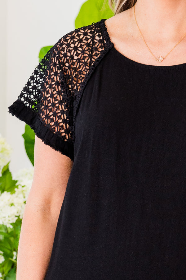 Chic Soul plus size clothing, black short sleeve mini dress with mesh sleeves with scoop neck and pockets